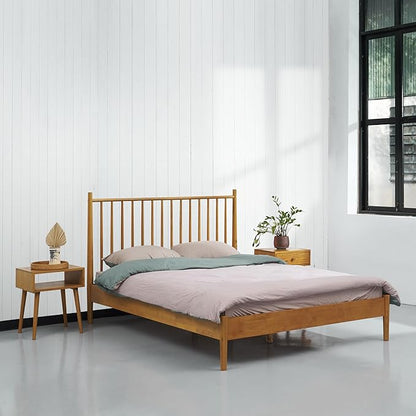 NTC Inno Wooden Bed Frame with Headboard, Solid Oak and Rubber Wood Foundation with Silent Slats and Wood Central Supports, 1000 Lb Capacity, Effortless Assembly, Queen Rustic - Oak