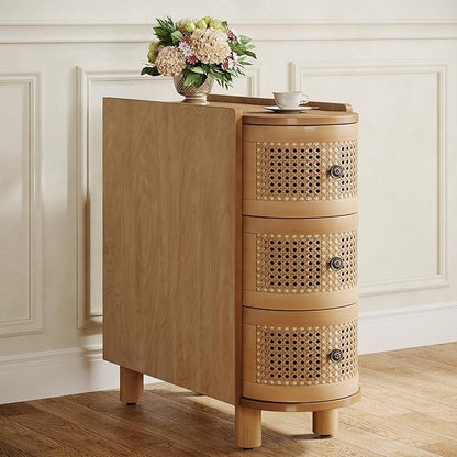 Tribesigns Solid Wood End Table, 3-Drawer Rattan Side Table, Night Stand with 3 Rattan Drawers and Exquisite Embossed Handles for Living Room, No Assembly Required (1, Oak)