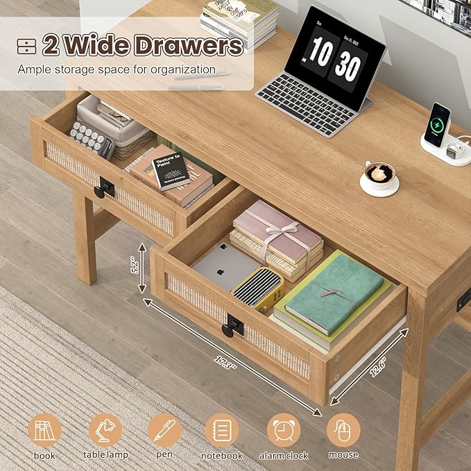 Rattan Computer Desk with 2 Drawers, 39 Inch Small Desk with Power Outlets, Farmhouse Boho Vanity Desks, Compact Writing Study Table for Small Spaces, Oak