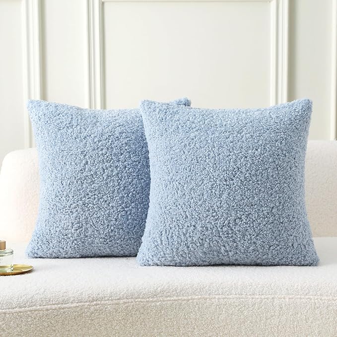 FUTEI Light Blue Throw Pillow Covers 16x16 Inch Set of 2,Furry Faux Fur Teddy Boucle Textured Cushion Covers,Soft Fluffy Decorative Pillow Case,Home Decor for Couch Bed Living Room Office Car