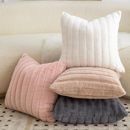 Pack of 2 Faux Fur Throw Pillow Covers 18x18 Inch Striped Decorative Soft Plush Couch Pillow Case Home Decor for Bed, Sofa, Living Room Pink