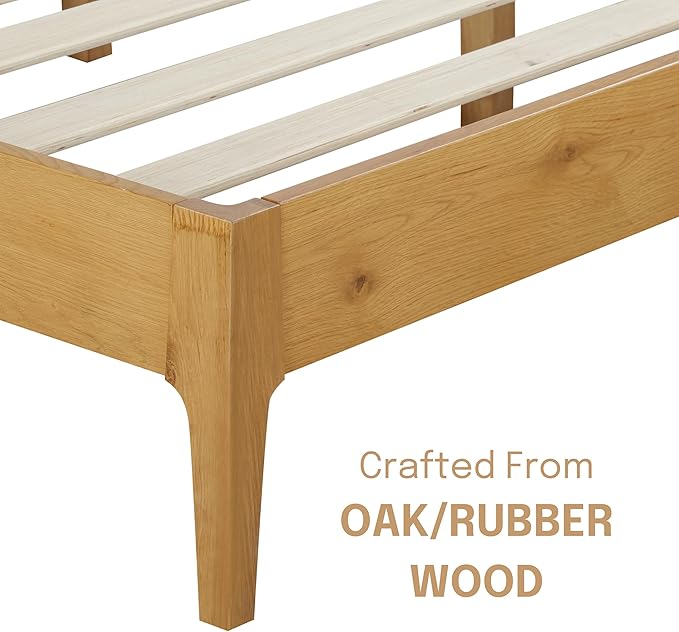 NTC Ruby Wooden Bed Frame with Headboard, Solid Oak and Rubber Wood Foundation with Silent Slats and Wood Central Supports, 1000 Lb Capacity, Effortless Assembly, Queen - Rustic Oak
