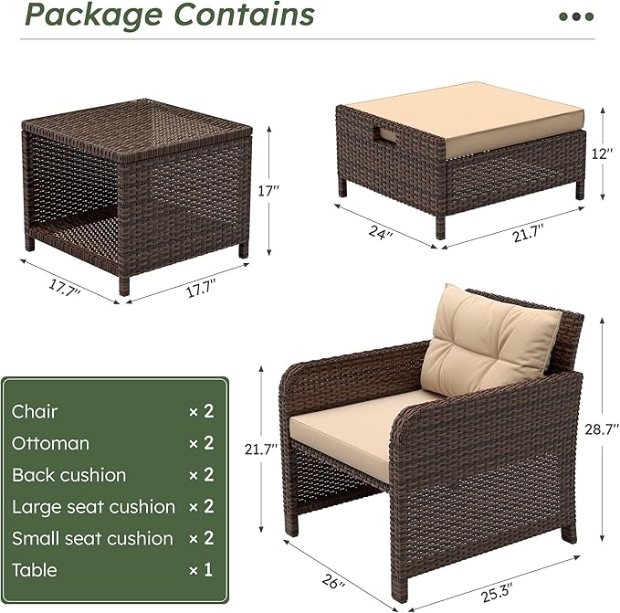 5 Pieces Patio Furniture Set, Hand-Woven Rattan Patio Conversation Set with Soft Cushions & Coffee Table, Outdoor Chairs with Hidden Ottoman for Porch, Lawn, Garden, Balcony, Brown