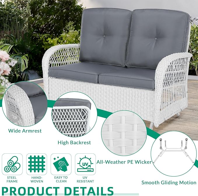 VIVIJASON 4-Piece Outdoor Patio White Wicker Conversation Sets, All Weather Rattan Furniture Set Includes Glider Loveseat, Coffee Table, 2 Glider Rocker Chairs w/Cushion for Lawn Balcony, Grey