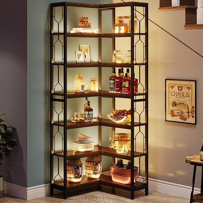 Tribesigns Corner Shelf, 7-Tier Industrial Corner Bookshelf, Wood and Metal Etagere Bookcase, Freestanding Display Shelf for Living Room, Kitchen, Home Office, Rustic Brown