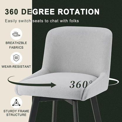 Swivel Bar Stools Set of 3, 30''H Upholstered Barstools with Backs, Modern Counter Height Bar Stool Chairs for Kitchen Island, Metal Legs, Fabric, Light Gray Counter Stools