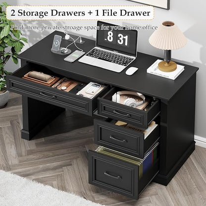 Farmhouse 47" Executive Desk, Computer Desk with Drawers and File Drawer, Workstation Computer Desk with Charging Station for Home Office, Study,(Pure Black)