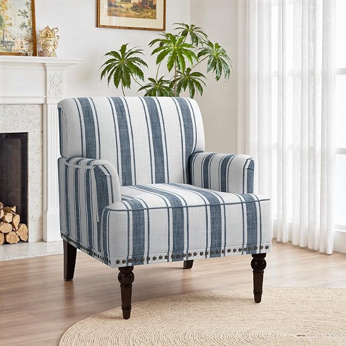 Pia Ricco Stripe Accent Chairs 2 Pack - Modern Nailhead Trim Armchairs with Wood Legs, Comfy Living Room Bedroom Home Office Seating-Blue