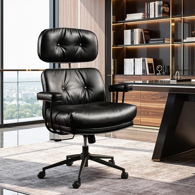 Ergonomic Office Chair Comfy with Lumbar Support, High Back Dark Brown PU Leather Rolling Executive Desk Chair for Home Office & Gaming, 360° Swivel, 300lbs (Black)