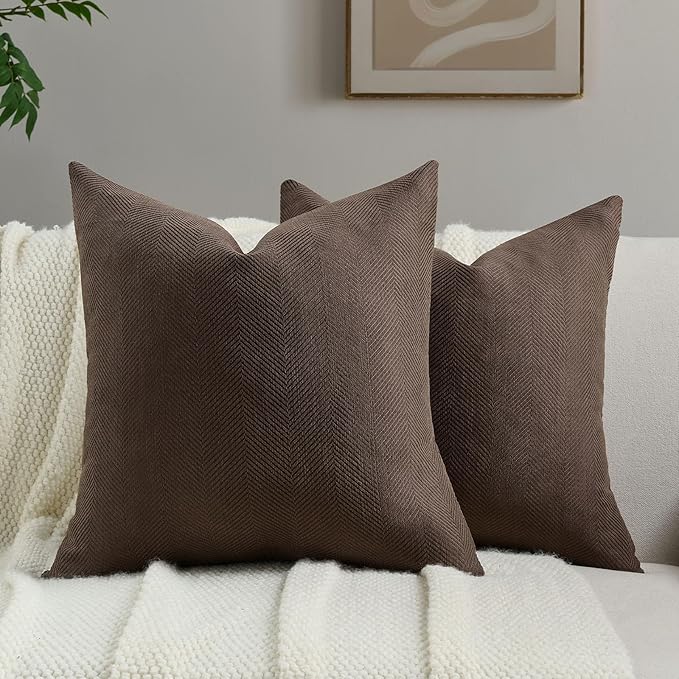 FUTEI Dark Coffee Chenille Throw Pillow Covers 24x24 Inch Set of 2,Soft Wide Chevron Textured European Pillow Shams,Farmhouse Home Decor for Couch Bed Living Room