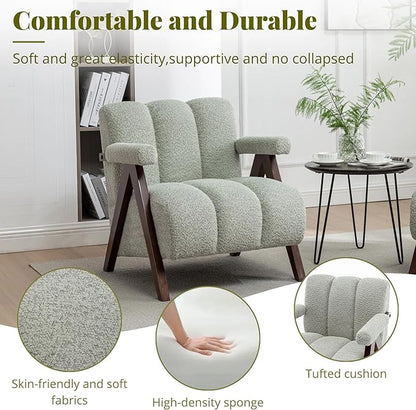 Mid Century Modern Accent Chairs Set of 2 with Solid Wood Frame, Boucle Upholstered Living Room Chairs with Thick Cushion, Comfy Tufted Arm Chair for Bedroom, Sage