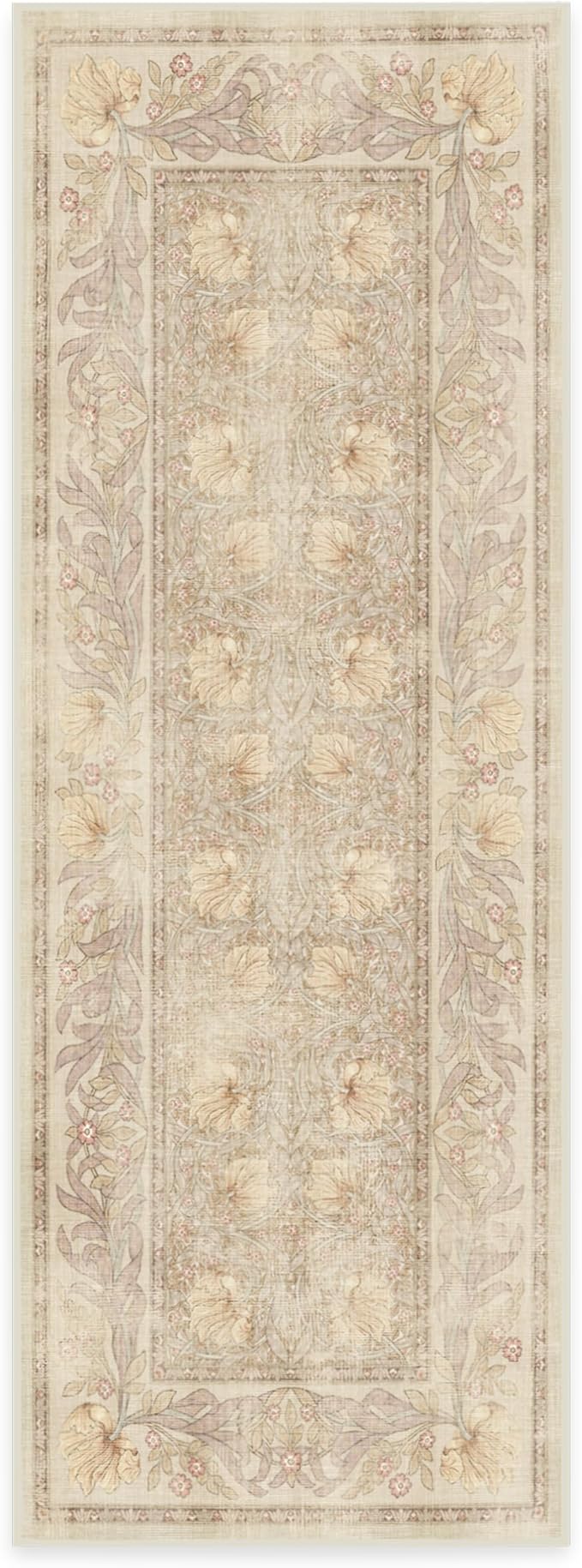 RUGGABLE x Morris & Co Machine Washable Runner Rug – Pimpernel Vintage Stone 2.5x7, Stain-Resistant, Non-Slip – Washable Rug for Hallway, Entryway, Living Room & Kitchen–with Cushioned Pad