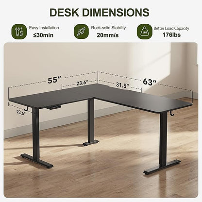 BANTI L-Shaped Standing Desk - 63 x 55 Inch Adjustable Corner Standing Desk with Charging Station - L Shape Sit Stand Table with Memory Controller, Splice Board for Home Office