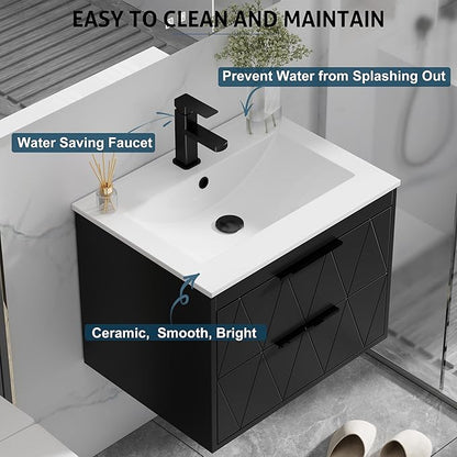 eclife 24" Bathroom Vanities Cabinet with Sink Combo, Wall Mounted Floating Cabinet W/Decor Line, Soft-Close System, 2 Extra Big Drawers, Matte Black Faucet, Black