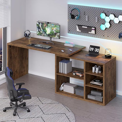 HSH Rustic L Desk with Storage Shelves, L Shaped Computer Desk with Open Storage Cabinet, Vintage Reversible Corner Home Office Desk for Living Room, Office, Rustic Brown 55 in