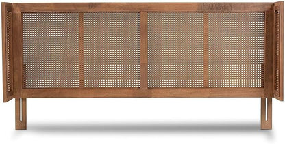 Eclectic Escape Mid-Century Modern Ash Wanut Finished Wood and Synthetic Rattan Wrap-Around Headboard King
