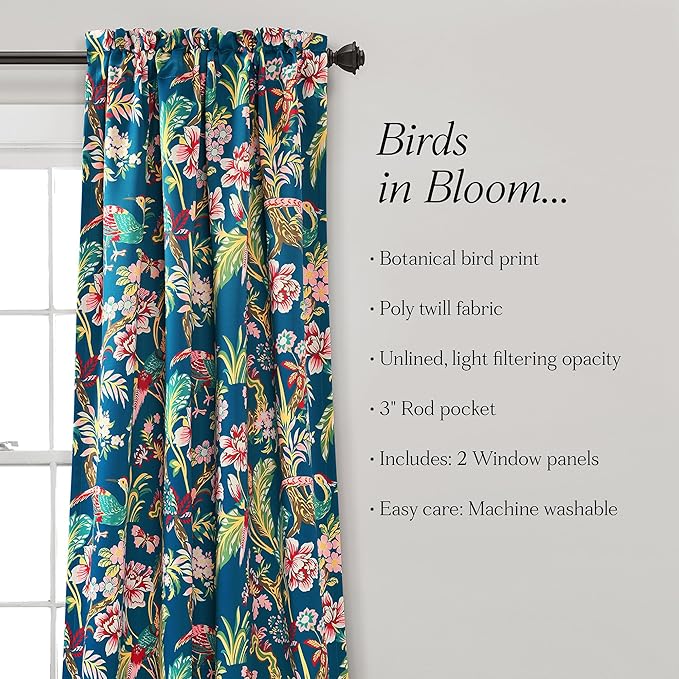 Lush Decor Dolores Light Filtering Window Panels, Pair, 52" W x 84" L, Navy & Multi - Floral Curtains for Bedroom - Vintage Curtains - Coquette Room Decor