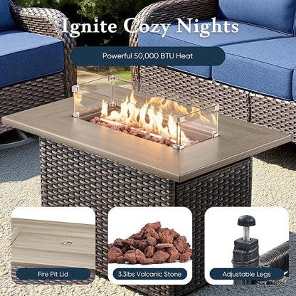 Belord Luxury 6" Thick Cushioned 5 Pieces Patio Furniture Set with Fire Pit Table, Wicker Outdoor Conversation Set with High Back Swivel Rocker Chairs for Deck Porch Yard and Poolside - Brown+Grey