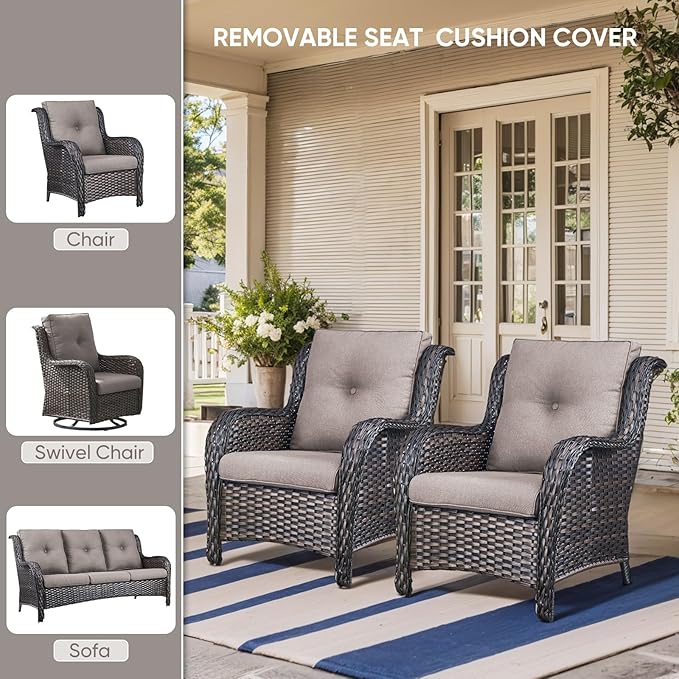 7-Piece Outdoor Patio Cushion Set - Fade & Water Resistant with Removable Olefin Cover, 22x24x4 Inch Memory Foam Cushions for Wicker Sectional Sof - Grey/Buckle