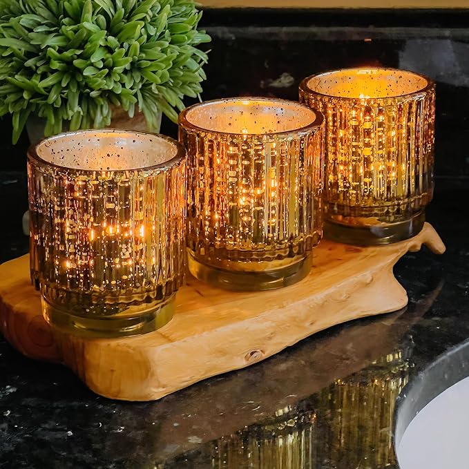 Kate Aspen Gold Votive Candle Holders - Vintage Ribbed Glass Candle Holder Set of 6 - Mercury Glass Tealight Holders for Christmas Table Decor, Holiday Centerpieces, Fall Thanksgiving Tablescape