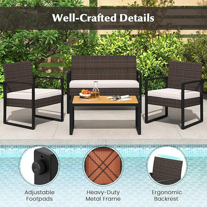 Tangkula 4 Pieces Patio Furniture Set, Outdoor Rattan Conversation Set w/Cushioned Chairs & Wood Plastic Coffee Table, Wicker Sectional Seating Furniture for Backyard, Poolside, Porch (Off White,1)