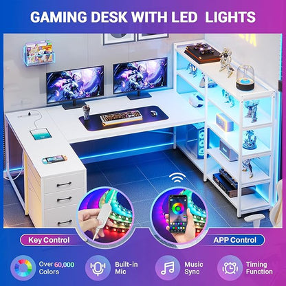 SEDETA White Computer Desk with Drawers, 64.5" Reversible Office Desk with Fabric File Drawer, Corner Computer Desk with Power Outlet & LED Strip and Storage Bookshelf