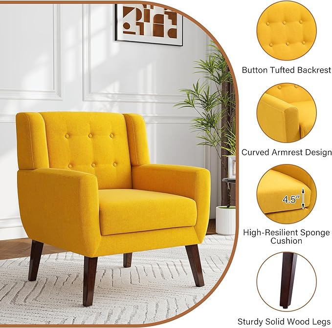Accent Chairs Set of 2, Modern Fabric Armchairs for Living Room, Comfy Upholstered Arm Chairs Tufted for Indoor Bedroom Office Room (Yellow)