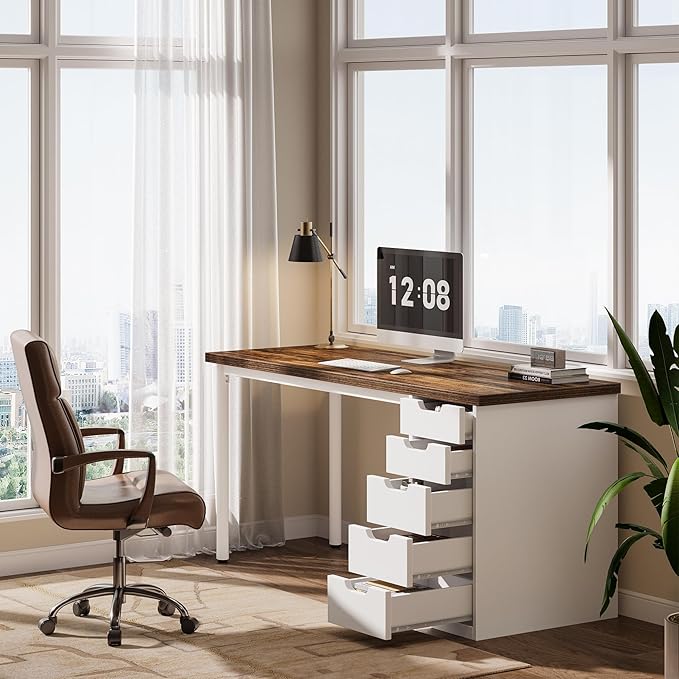 Tribesigns Modern Simple Computer Desk, 47 Inches PC Desk with 5 Reversible Drawers, Rustic Brown Study Writing Table Workstation for Home Office Small Spaces (Brown+White)