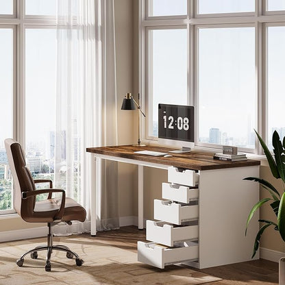 Tribesigns Modern Simple Computer Desk, 47 Inches PC Desk with 5 Reversible Drawers, Rustic Brown Study Writing Table Workstation for Home Office Small Spaces (Brown+White)