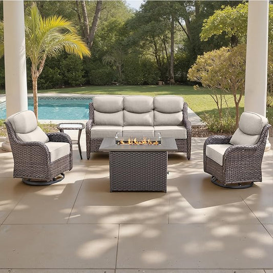 Belord Luxury 6" Thick Cushioned 5 Pieces Patio Furniture Set with Fire Pit Table, Wicker Outdoor Conversation Set with High Back Swivel Rocker Chairs for Deck Porch Yard and Poolside - Brown+Beige