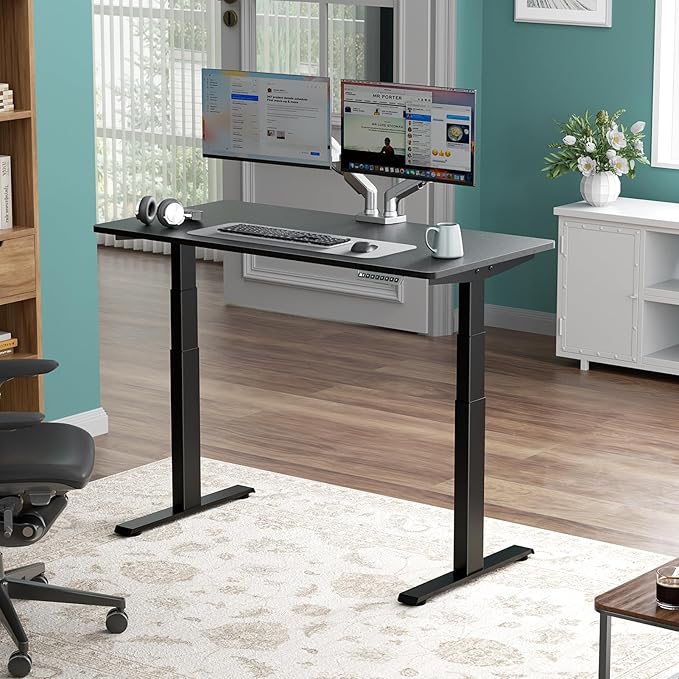 3 Stages Dual Motor Electric Standing Desk with One Piece Desktop, 48 x 24 Inch Adjustable Height Sit to Stand Up Desk for Home Office, Work & Study, Black Frame & Black Desktop (2 Packages)