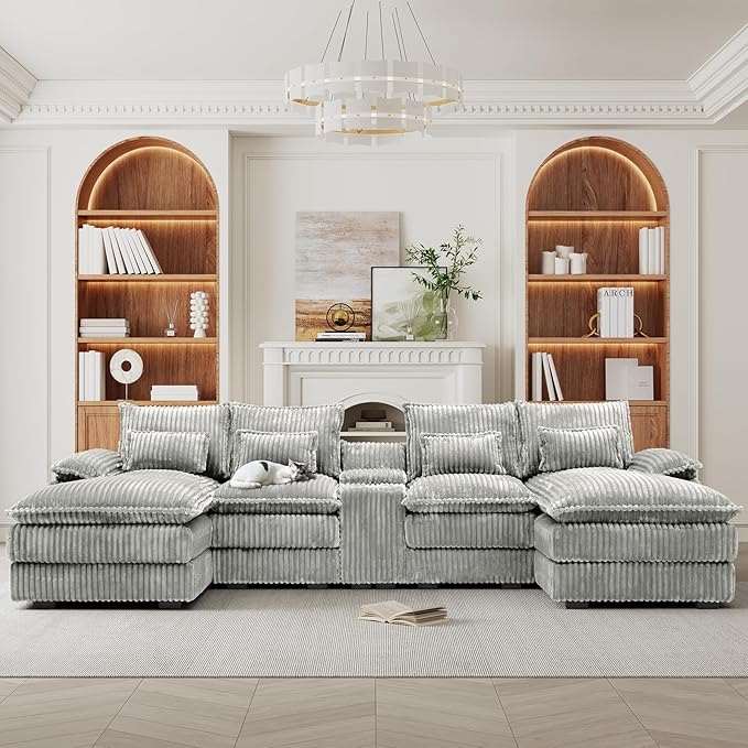 HYJT-H&K 124" U Shaped Cloud Couch Sectional, Comfy Fluffy Plush Corduroy Light Grey Sectional Couches for Living Room, Modern Modular Corduroy Couch Sectionals with Central Console & Double Chaise