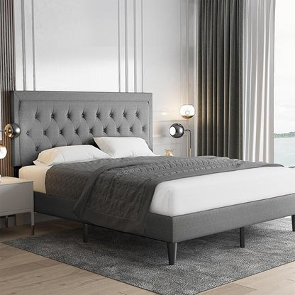 Allewie King Size Upholstered Platform Bed Frame with Adjustable Headboard, Button Tufted, Wood Slat Support, Easy Assembly, Light Gray