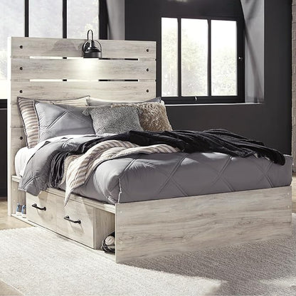 Signature Design by Ashley Cambeck Farmhouse Full Panel Platform Bed with 2 Storage Drawers, Cubbies, Sconce Light and USB Ports, Foundation or Box Spring Not Needed, Whitewash
