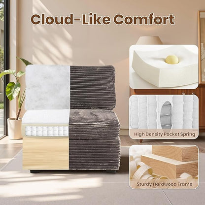 32.7'' Middle Seat for Modular Sectional Sofa, Deep Seat Upholstered Armless Chair Sleeper Sofas, L/U/V Shaped Plush Corduroy Cloud Couch for Living Room Apartment, Grey