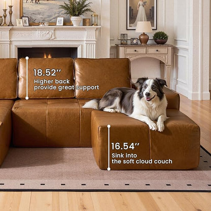 114" Cloud Sectional Couch with L-Shape Chaise & Ottoman, Modern Boneless Couches for Living Room, Fluffy Tufted Deep Seat Modular Sofa No Assembly (Faux Leather,Brown,Left Facing)