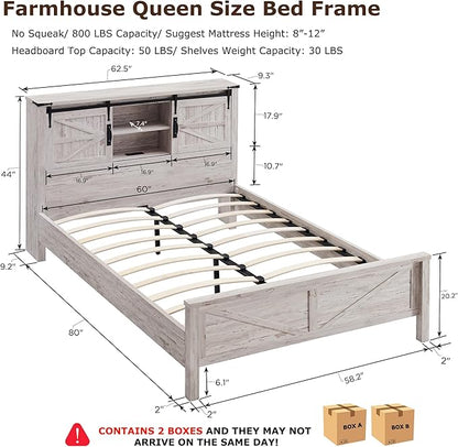 T4TREAM Farmhouse Queen Size Bed Frame w/Storage Bookcase Headboard, Sliding Barn Door, Charging Station, Rustic Wood Platform Bed w/Wood Slats Support, No Box Spring Needed, Antique Brush White