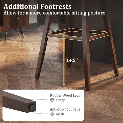 COSTWAY Swivel Bar Stools Set of 4, 30-inch Height Backless Upholstered Chairs with Padded Contoured Seat, Rubber Wood Legs, Footrest, Linen Fabric Barstools for Kitchen Counter Island, Grey+Brown