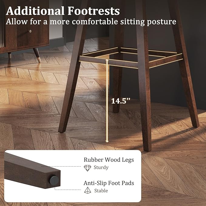 COSTWAY Swivel Bar Stools Set of 2, 30-inch Height Backless Upholstered Chairs with Padded Contoured Seat, Rubber Wood Legs, Footrest, Linen Fabric Barstools for Kitchen Counter Island, Grey+Brown