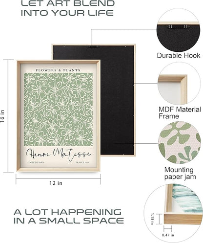 HesenDot Framed Matisse Sage Green Wall Art,William Morris Canvas Wall Decor,16x12IN High Framed Wood Design Prints,Minimalist Classic Decor Aesthetic for Living Room,Bedroom,Bathroom Set of 3