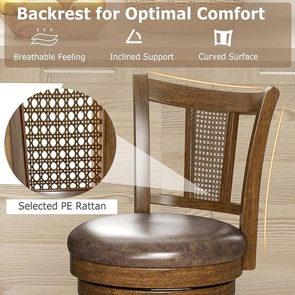 COSTWAY Barstools Set of 2, 30” Solid Rubber Wood Swivel Bar Chairs with Faux Leather Seat, Curved PE Rattan Back, for Living Room & Kitchen Island, Brown (2, 30” Seat Height)