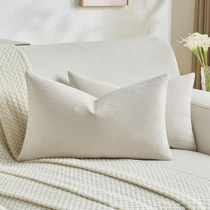 FUTEI Beige Decorative Throw Pillow Covers 12x20 Inch Set of 2,Soft Cozy Wheat Ear Striped Patterns Lumbar Pillow Cases,Modern Home Decor for Couch Bed Living Room