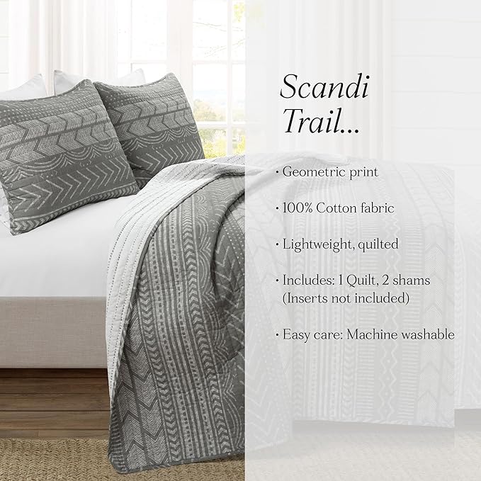 Lush Decor Hygge Geo Pattern Striped 3 Piece Quilt Bedding Set, Full/Queen, Charcoal