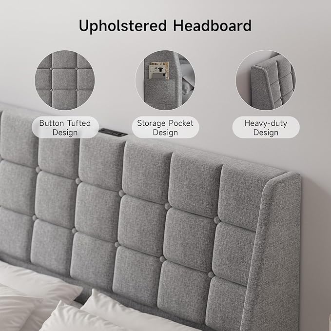 Ergonomic Upholstered Headboard Queen Size w/Charging Station, Linen Wingback Headboards w/Storage Pocket, Queen Headboard Only, Bed Frame Adapters, Sturdy Stable Solid Wood Bed Head Board, Light Grey