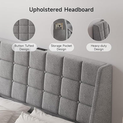Ergonomic Upholstered Headboard Queen Size w/Charging Station, Linen Wingback Headboards w/Storage Pocket, Queen Headboard Only, Bed Frame Adapters, Sturdy Stable Solid Wood Bed Head Board, Light Grey