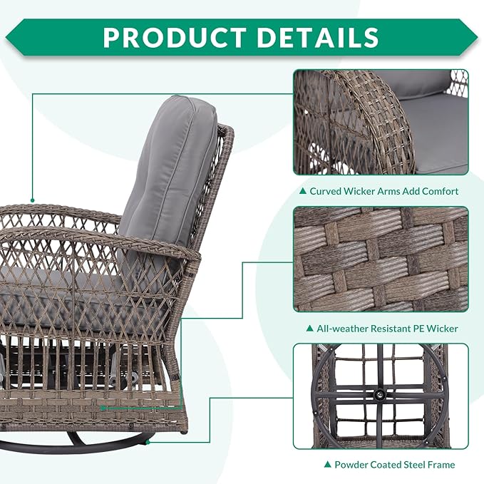 VIVIJASON 7-Piece Outdoor Patio Wicker Conversation Sets, All Weather Outdoor Rattan Furniture Set Includes Glider Loveseat, 2 Rocking Chairs, 2 Swivel-Gliders Chairs, 2 Coffee Table, Grey