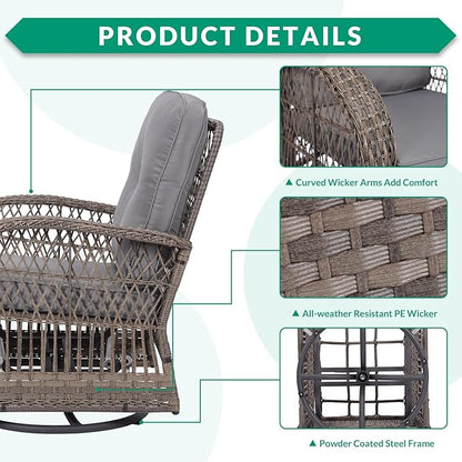 VIVIJASON 7-Piece Outdoor Patio Wicker Conversation Sets, All Weather Outdoor Rattan Furniture Set Includes Glider Loveseat, 2 Rocking Chairs, 2 Swivel-Gliders Chairs, 2 Coffee Table, Grey