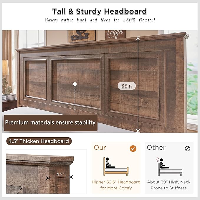 ACCOHOHO Farmhouse Queen Size Bed Frame with 52" Tall Headboard, Wood Platform Bedframe with Footboard and Storage Drawers, No Squeak, No Box Spring Needed, Light Brown