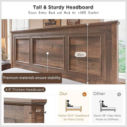 ACCOHOHO Farmhouse King Size Bed Frame with 52" Tall Headboard, Wood Platform Bedframe with Footboard and Storage Drawers, No Squeak, No Box Spring Needed, Light Brown