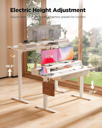 FiCiHi Adjustable Height Standing Desk with 4 Drawers,55 x 24 inches Electric Sit Stand Home Office Desk with Two Tiers, 3 Memory Presets, Monitor Stand Riser